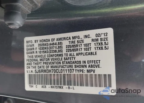2012 Honda Cr-V Ex-L z USA, uszkodzony, nr VIN 5J6RM3H70CL011107